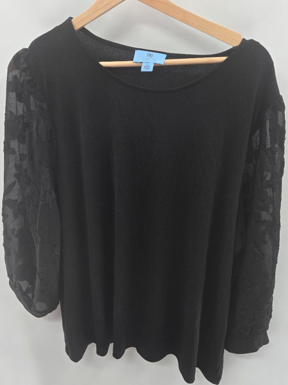 Cece Black Sheer Embroidered Sleeves Crepe 3/4 Puff Sleeves Blouse XXL